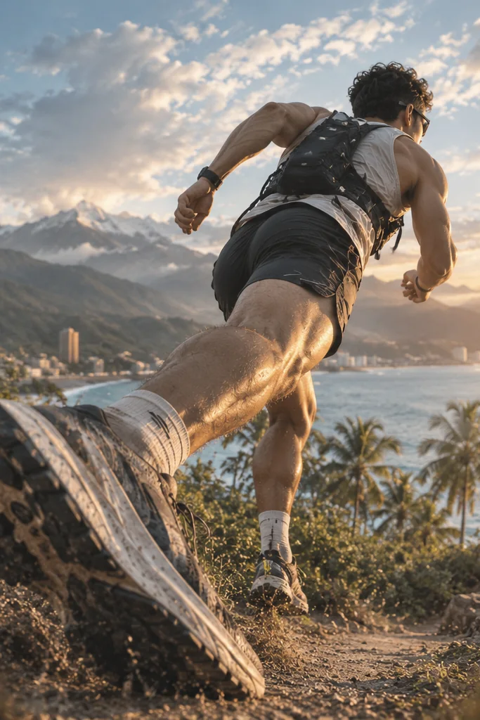Athlete climbing a Caribbean mountain trail at sunrise